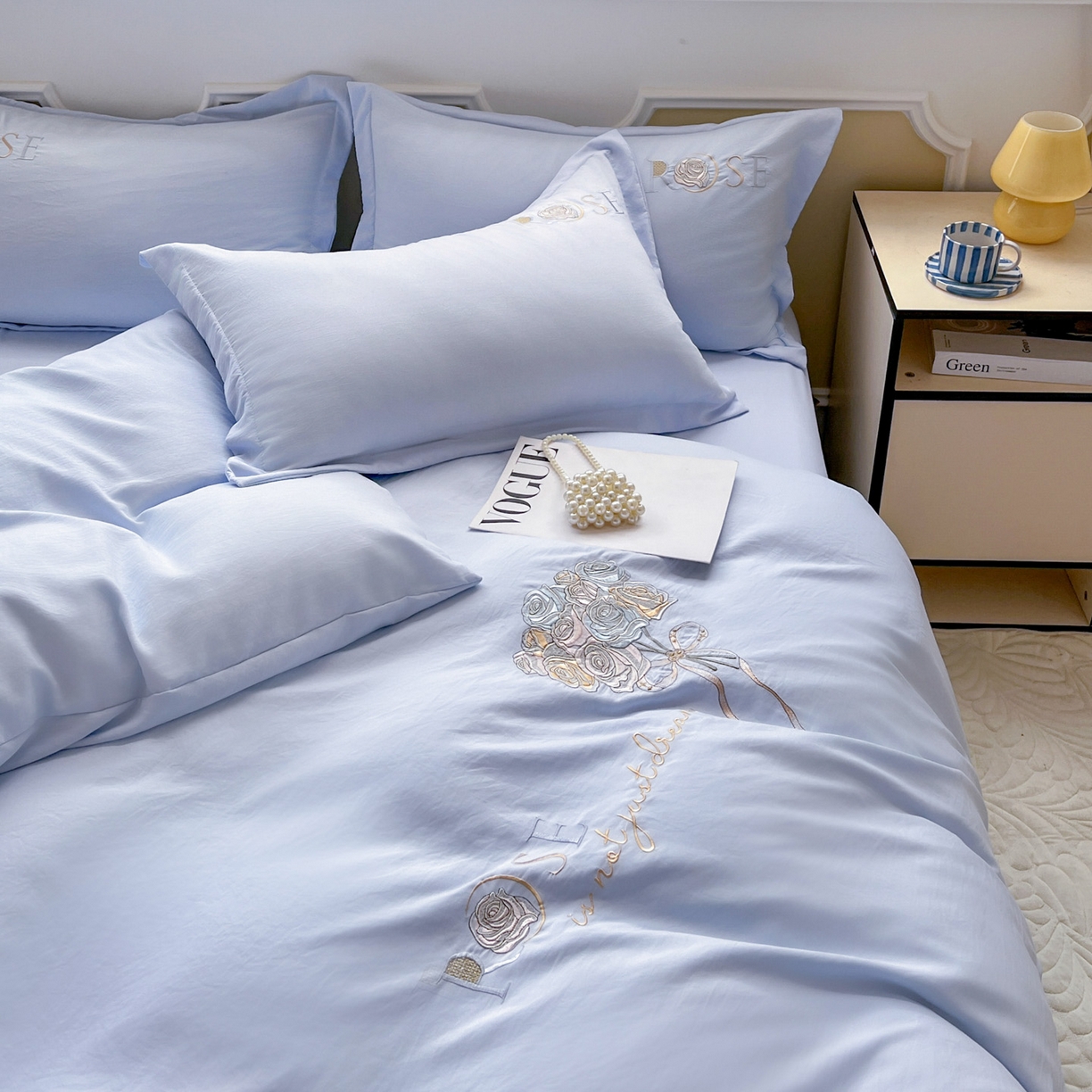 91家纺网 家纺一手货源 找家纺 文黛家居 2025新款高克重水洗棉绣花四件套-玫瑰之恋 玫瑰之恋-浅蓝