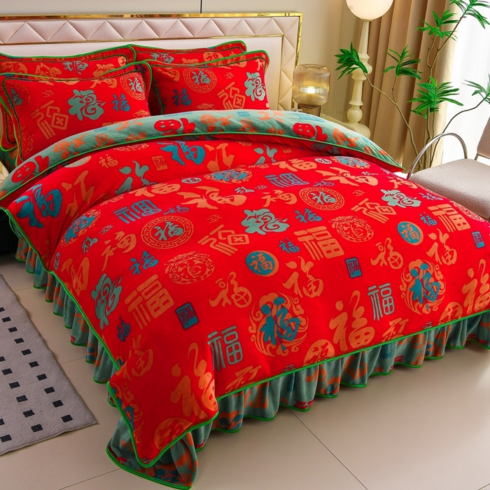 诺梵家纺 2025新款8斤加厚保暖金貂绒牛奶绒印花四件套 百福