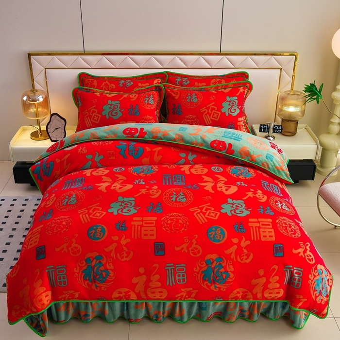 91家纺网 家纺一手货源 找家纺 诺梵家纺 2025新款8斤加厚保暖金貂绒牛奶绒印花四件套 百福