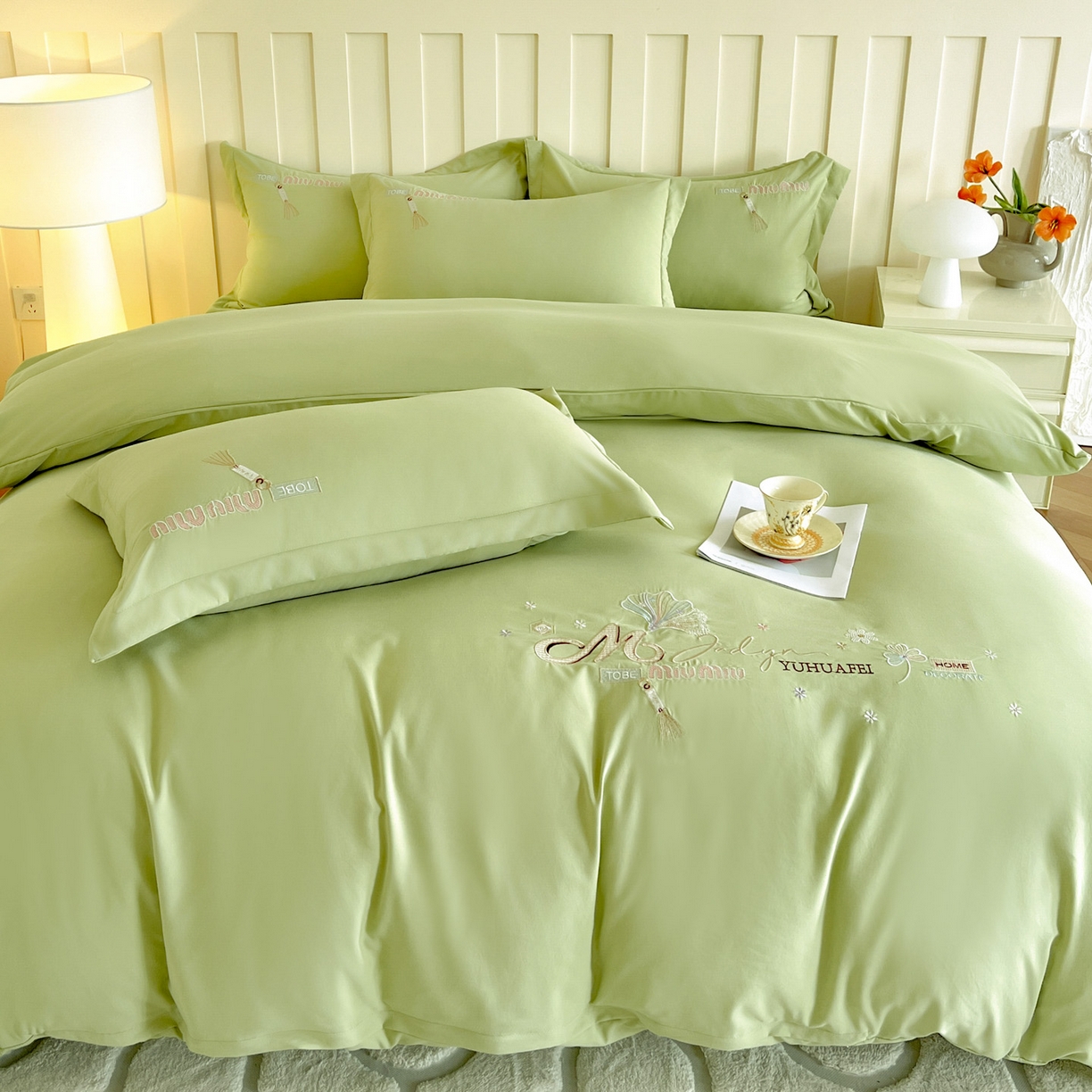 91家纺网 家纺一手货源 找家纺 文黛家居 2025新款高克重水洗棉绣花四件套-梦恋 梦恋-果绿