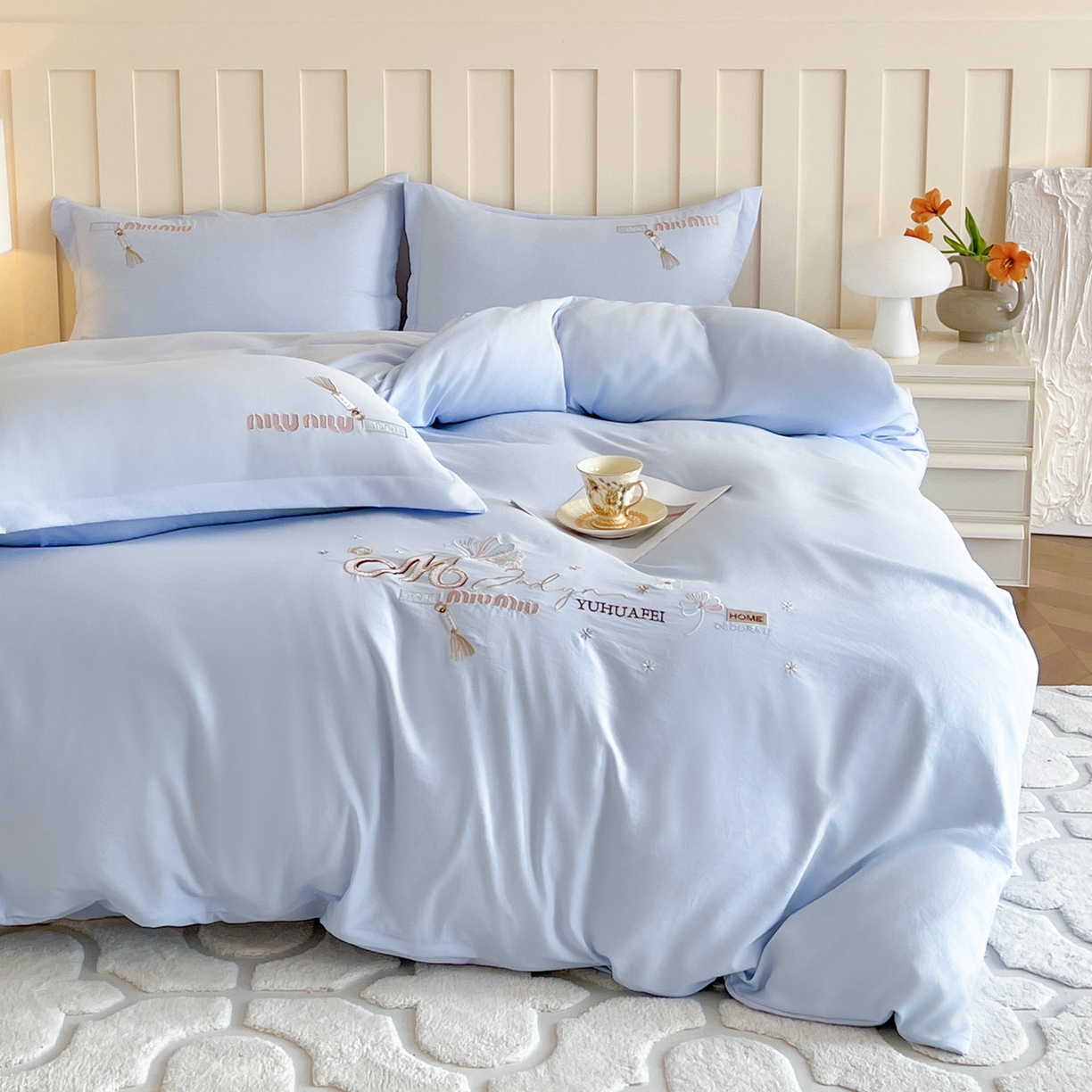 91家纺网 家纺一手货源 找家纺 文黛家居 2025新款高克重水洗棉绣花四件套-梦恋 梦恋-浅蓝