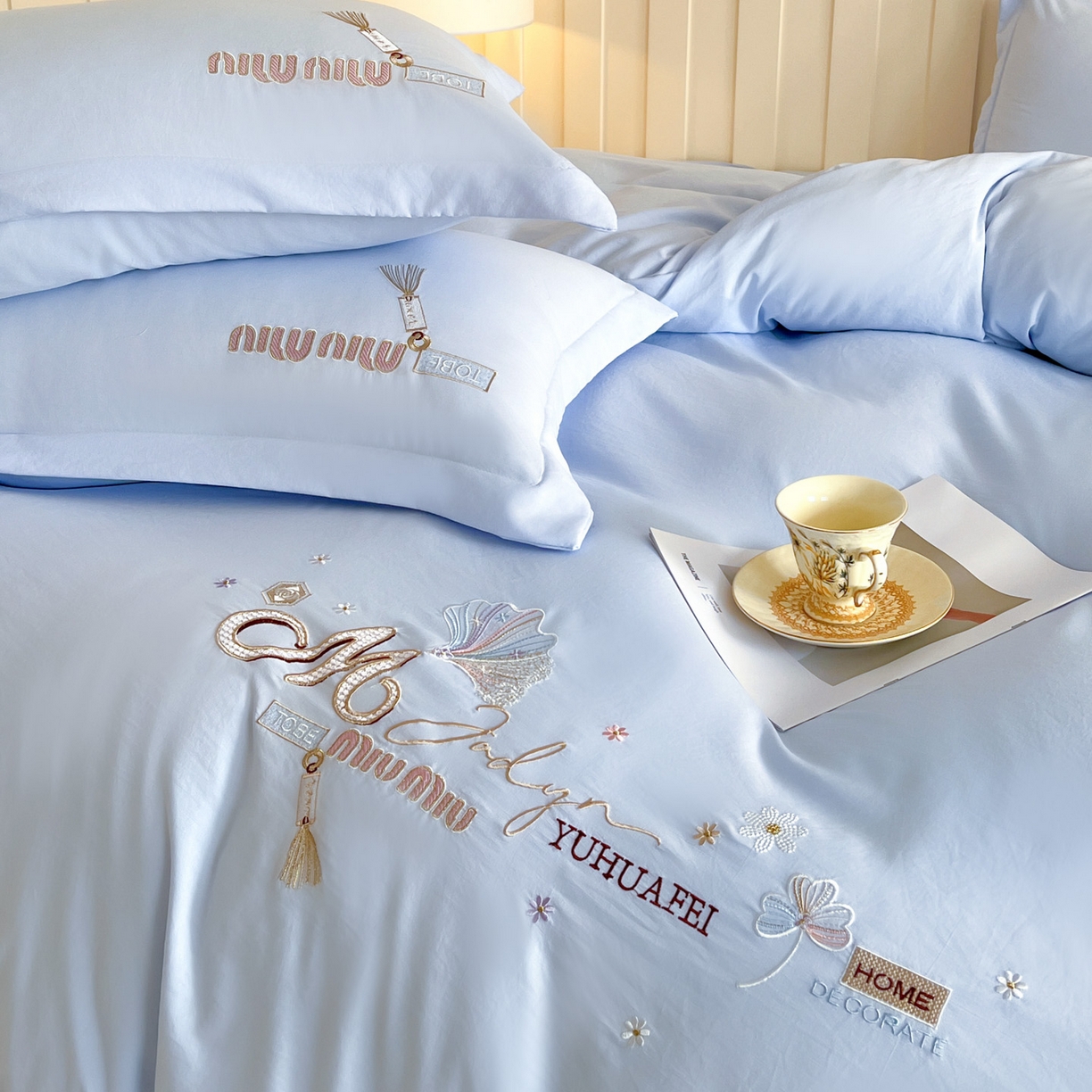 91家纺网 家纺一手货源 找家纺 文黛家居 2025新款高克重水洗棉绣花四件套-梦恋 梦恋-浅蓝