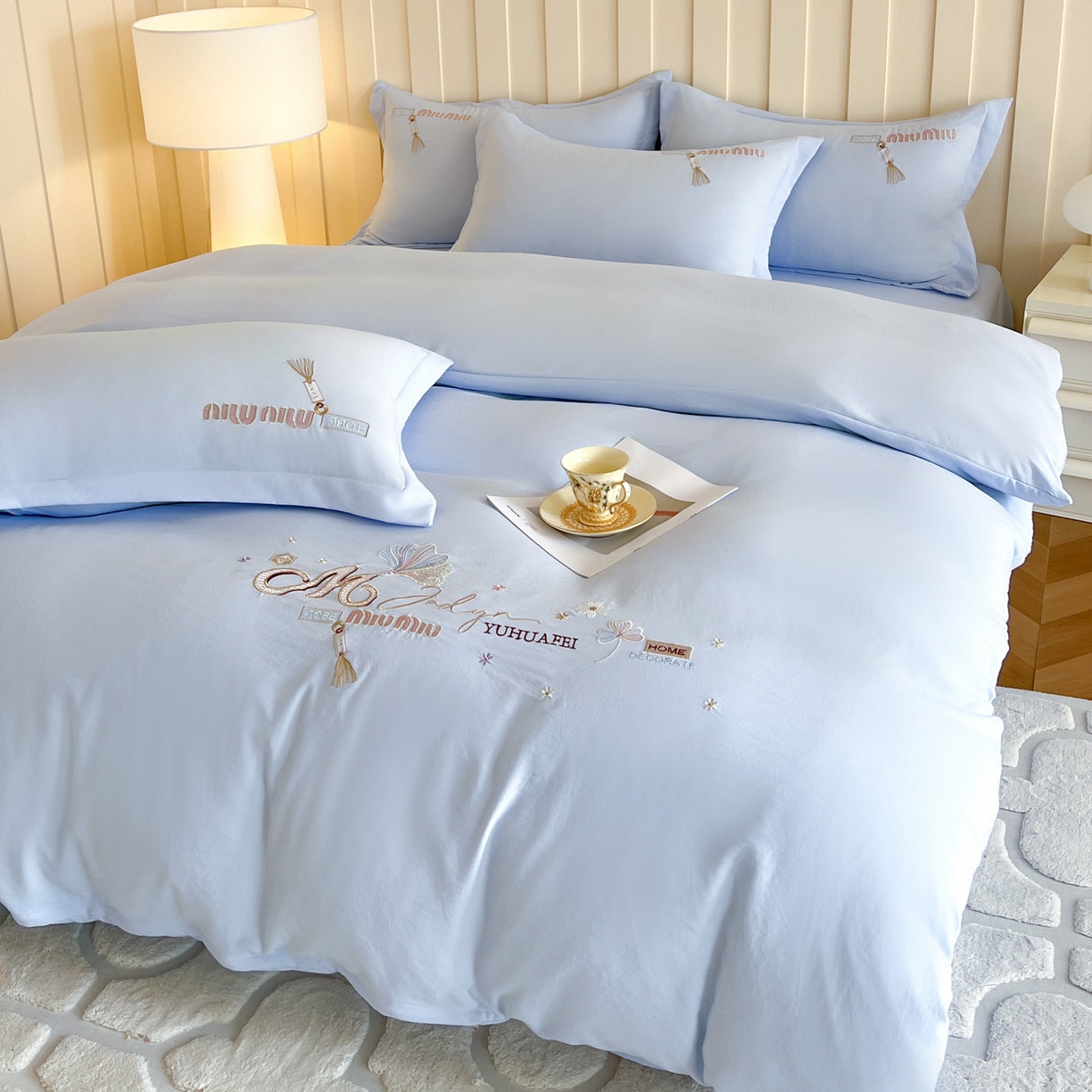 91家纺网 家纺一手货源 找家纺 文黛家居 2025新款高克重水洗棉绣花四件套-梦恋 梦恋-浅蓝