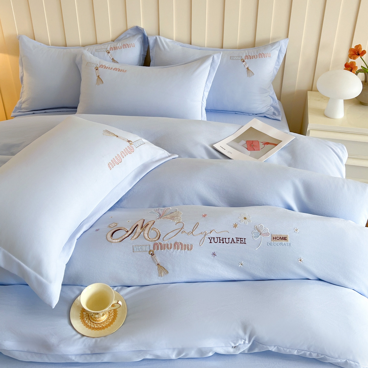 91家纺网 家纺一手货源 找家纺 文黛家居 2025新款高克重水洗棉绣花四件套-梦恋 梦恋-浅蓝