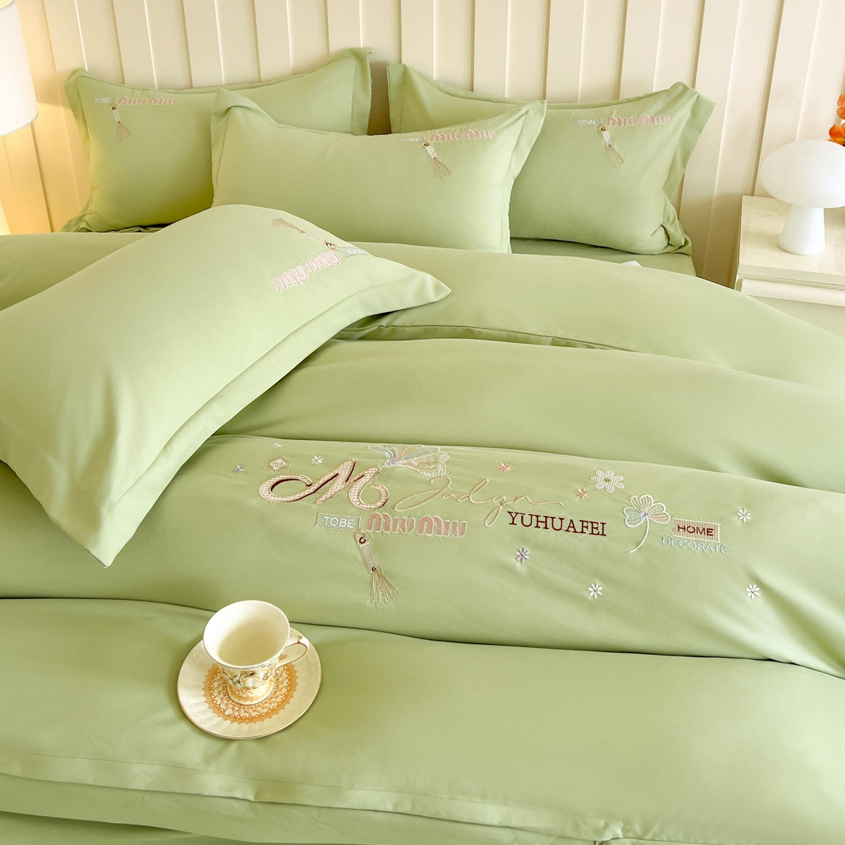 91家纺网 家纺一手货源 找家纺 文黛家居 2025新款高克重水洗棉绣花四件套-梦恋 梦恋-果绿