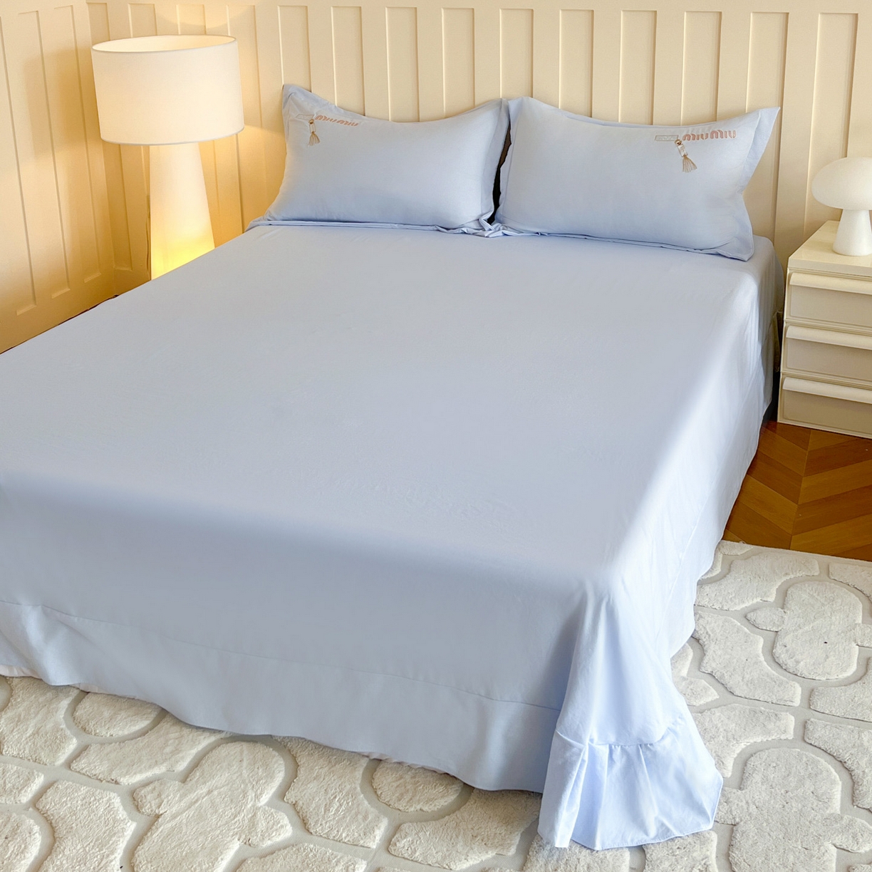 91家纺网 家纺一手货源 找家纺 文黛家居 2025新款高克重水洗棉绣花四件套-梦恋 梦恋-浅蓝