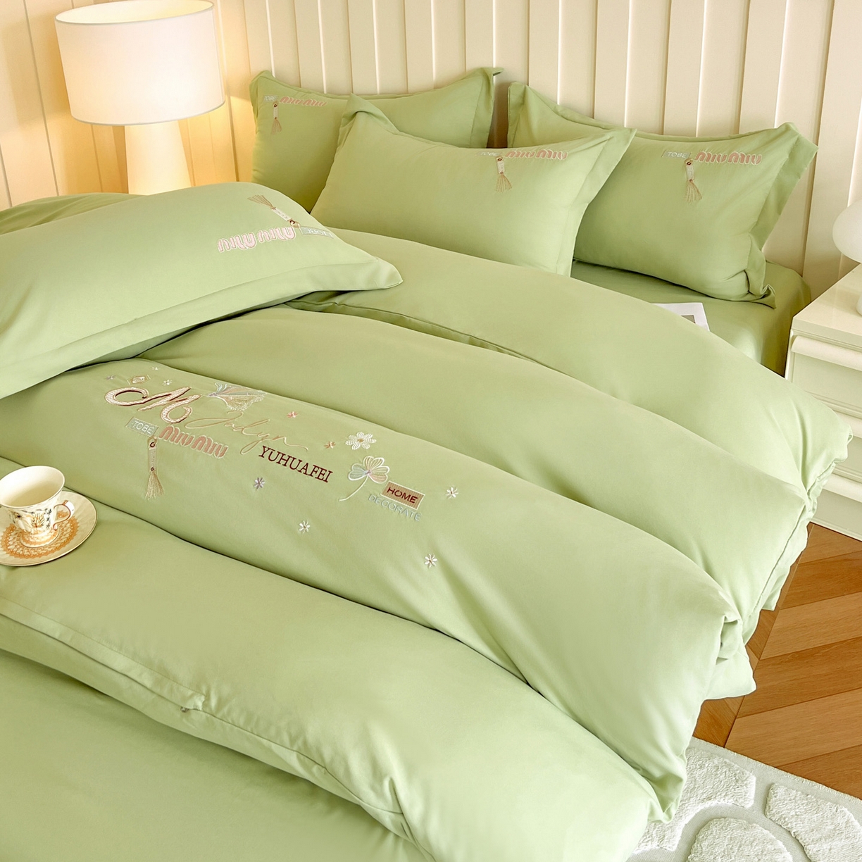 91家纺网 家纺一手货源 找家纺 文黛家居 2025新款高克重水洗棉绣花四件套-梦恋 梦恋-果绿