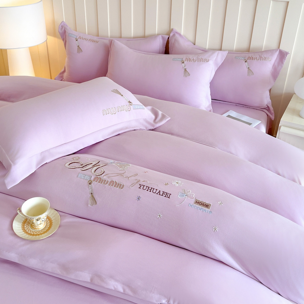 91家纺网 家纺一手货源 找家纺 文黛家居 2025新款高克重水洗棉绣花四件套-梦恋 梦恋-紫