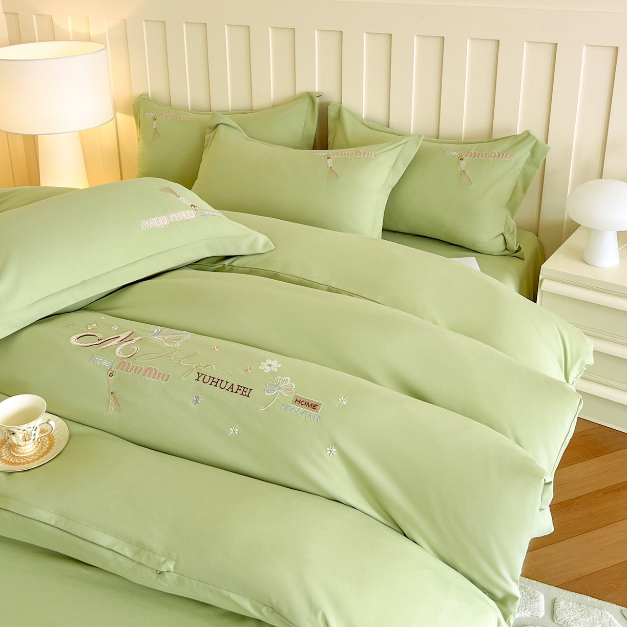 91家纺网 家纺一手货源 找家纺 文黛家居 2025新款高克重水洗棉绣花四件套-梦恋 梦恋-果绿