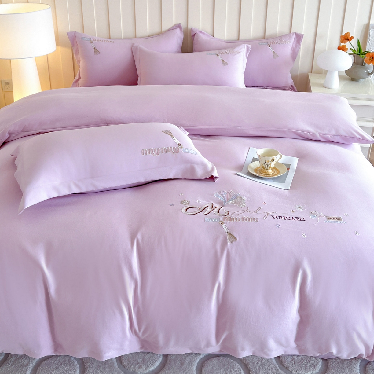 91家纺网 家纺一手货源 找家纺 文黛家居 2025新款高克重水洗棉绣花四件套-梦恋 梦恋-紫