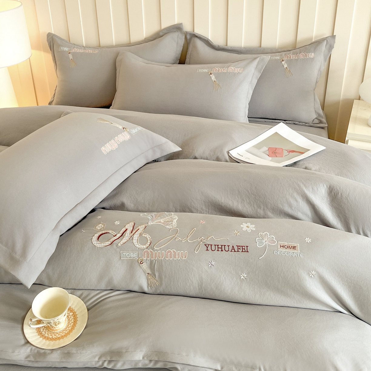 91家纺网 家纺一手货源 找家纺 文黛家居 2025新款高克重水洗棉绣花四件套-梦恋 梦恋-灰