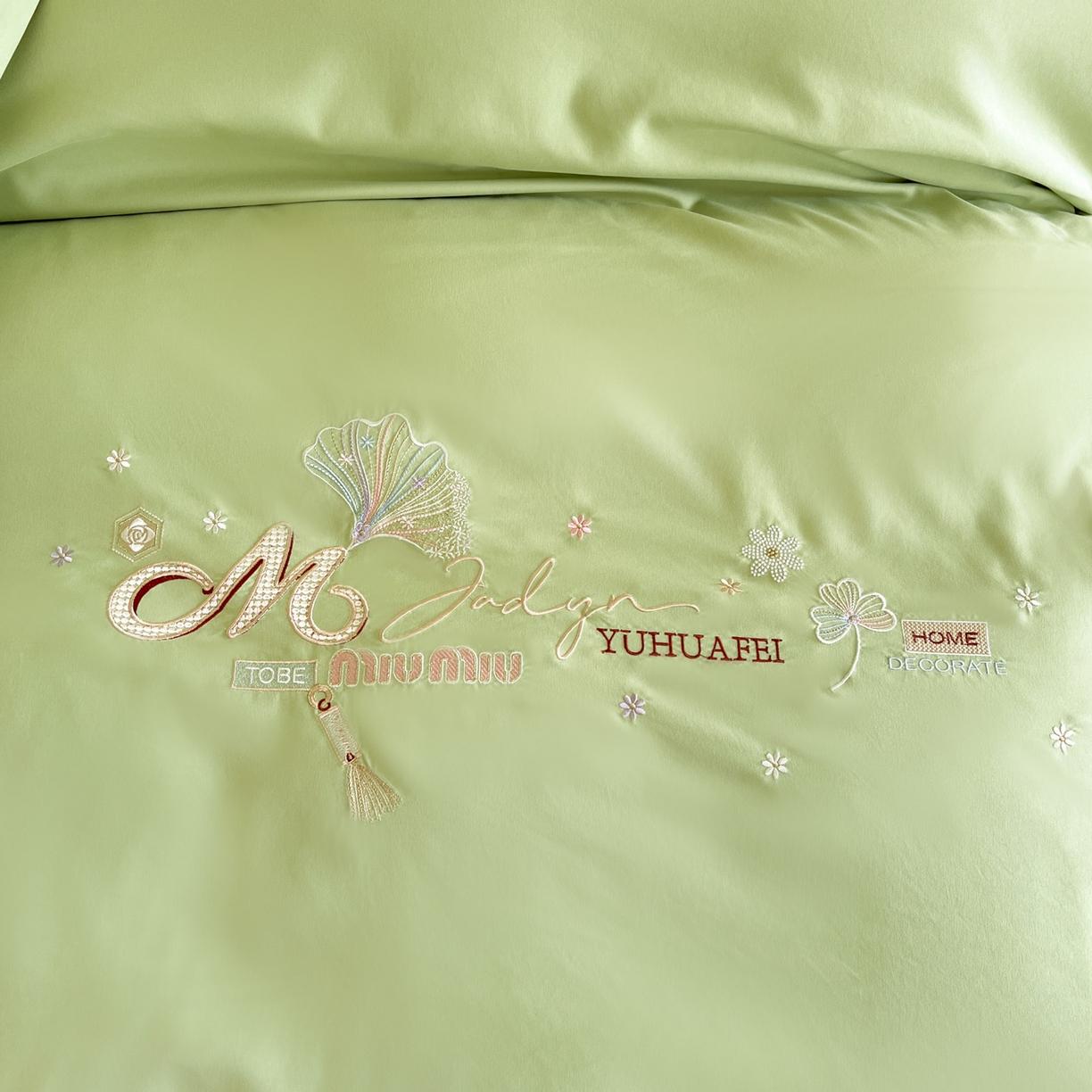 91家纺网 家纺一手货源 找家纺 文黛家居 2025新款高克重水洗棉绣花四件套-梦恋 梦恋-果绿