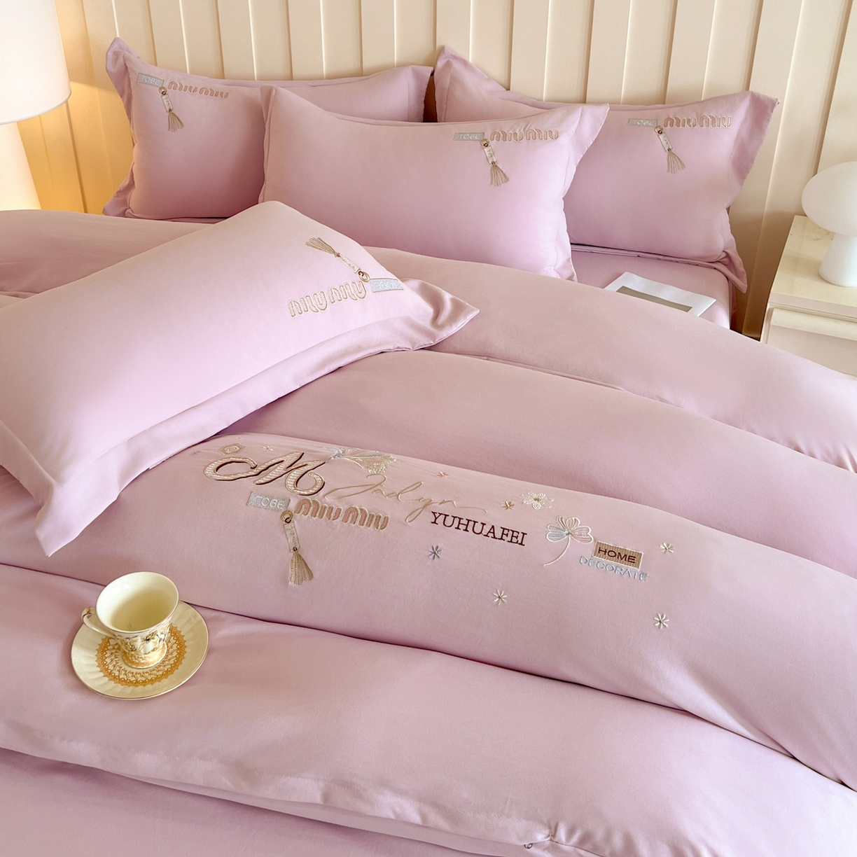 文黛家居 2025新款高克重水洗棉绣花四件套-梦恋 梦恋-粉