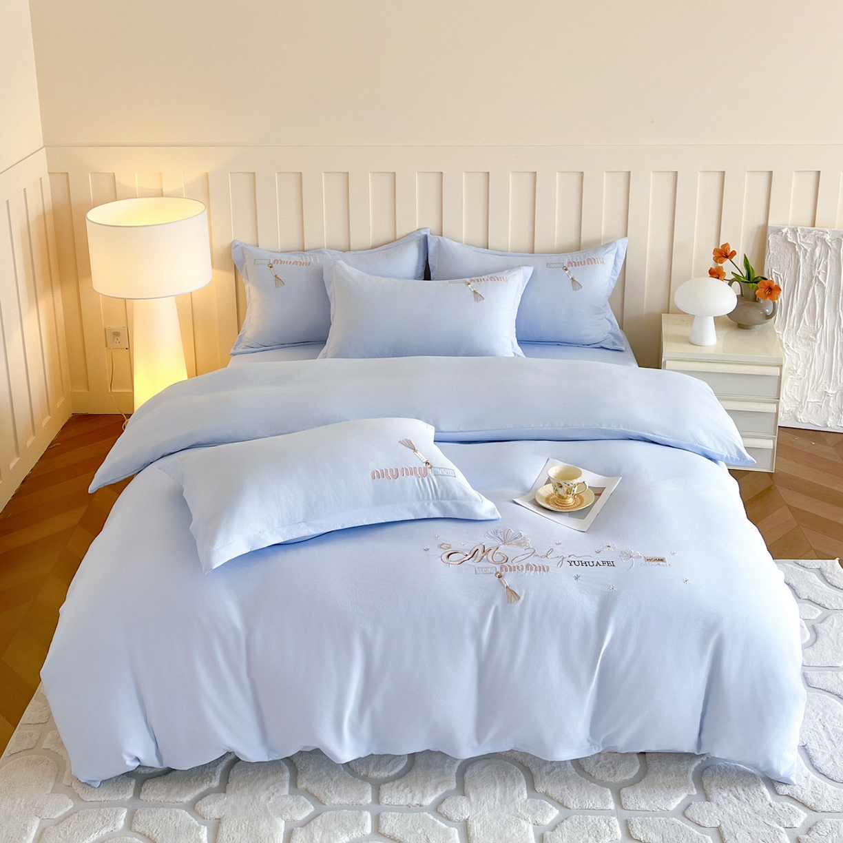 91家纺网 家纺一手货源 找家纺 文黛家居 2025新款高克重水洗棉绣花四件套-梦恋 梦恋-浅蓝