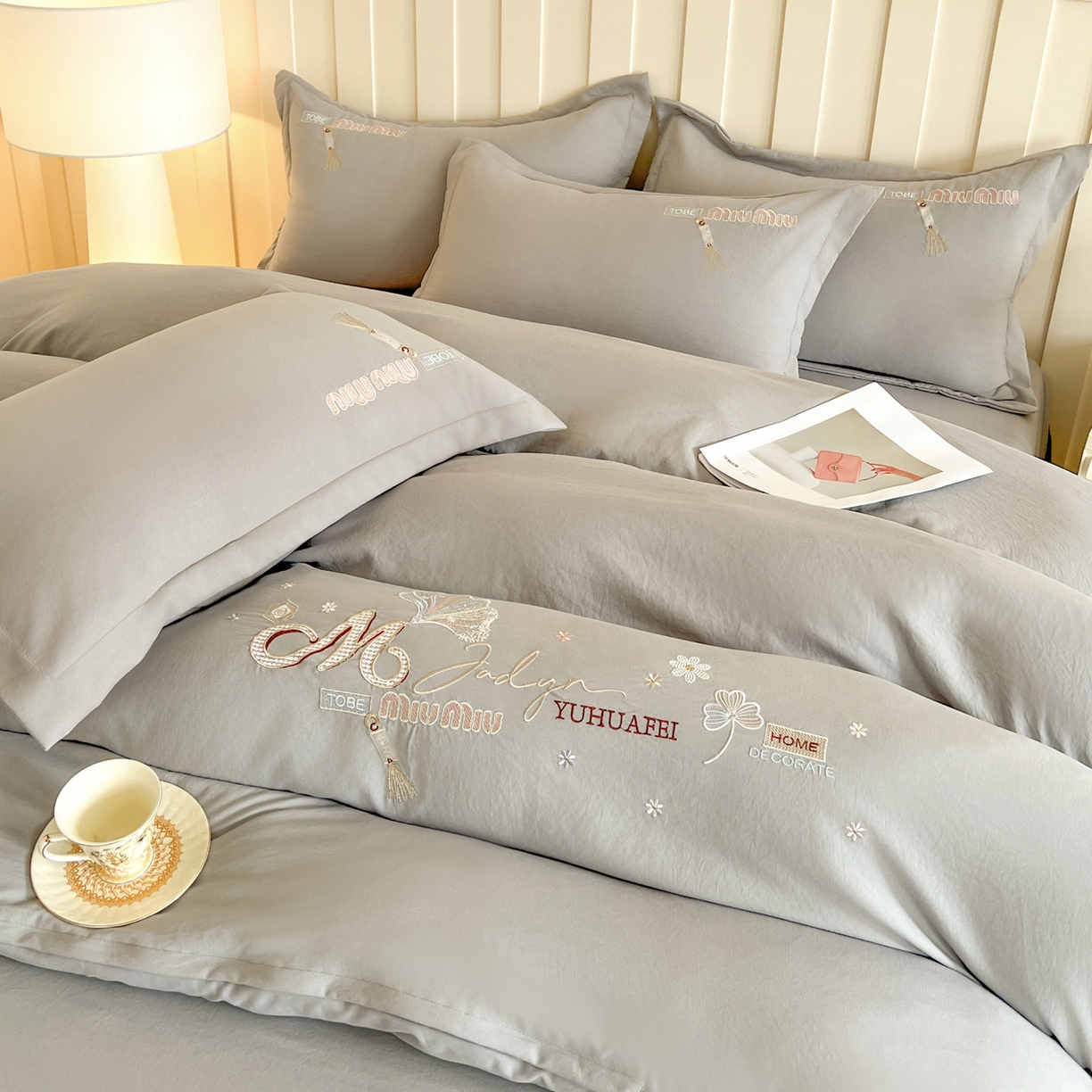 文黛家居 2025新款高克重水洗棉绣花四件套-梦恋 梦恋-灰
