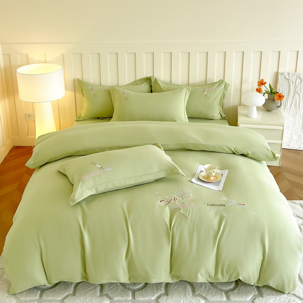 91家纺网 家纺一手货源 找家纺 文黛家居 2025新款高克重水洗棉绣花四件套-梦恋 梦恋-果绿