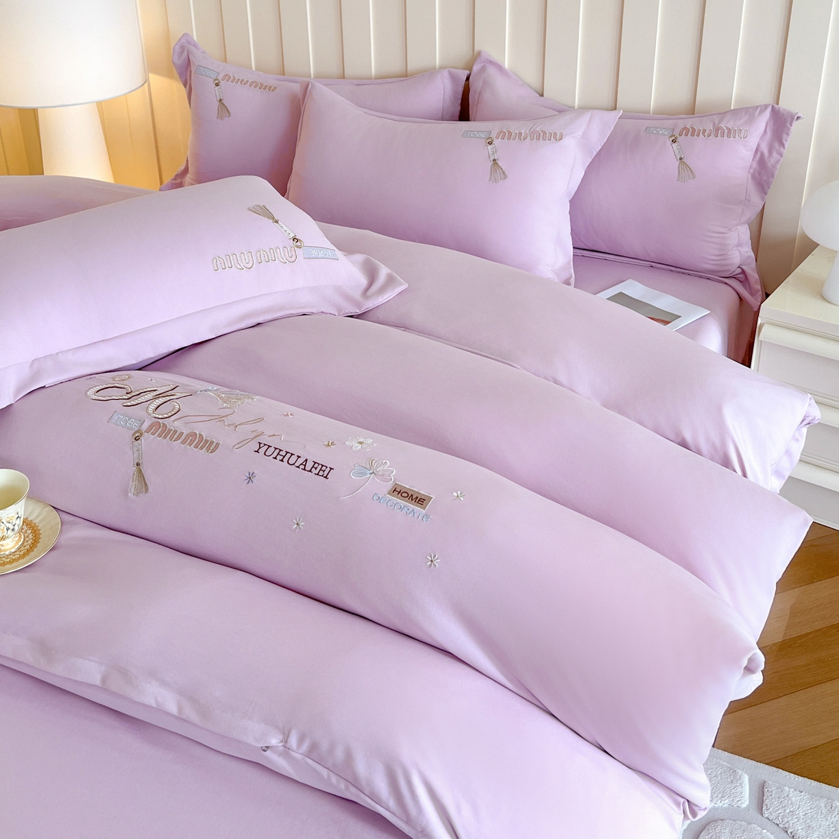 91家纺网 家纺一手货源 找家纺 文黛家居 2025新款高克重水洗棉绣花四件套-梦恋 梦恋-紫