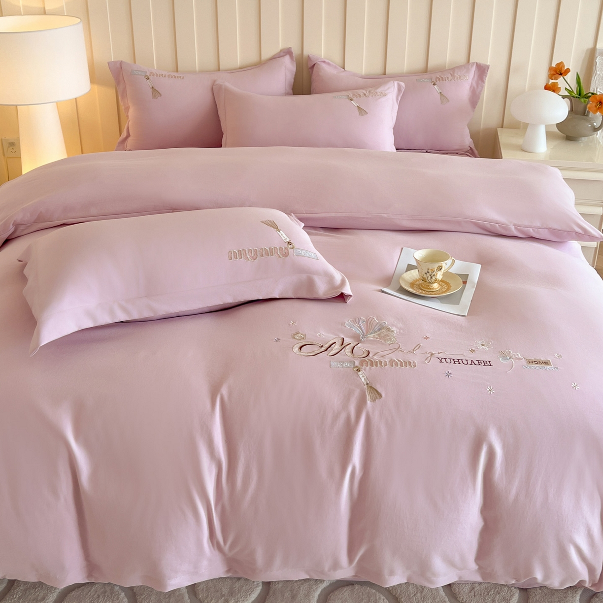 91家纺网 家纺一手货源 找家纺 文黛家居 2025新款高克重水洗棉绣花四件套-梦恋 梦恋-粉