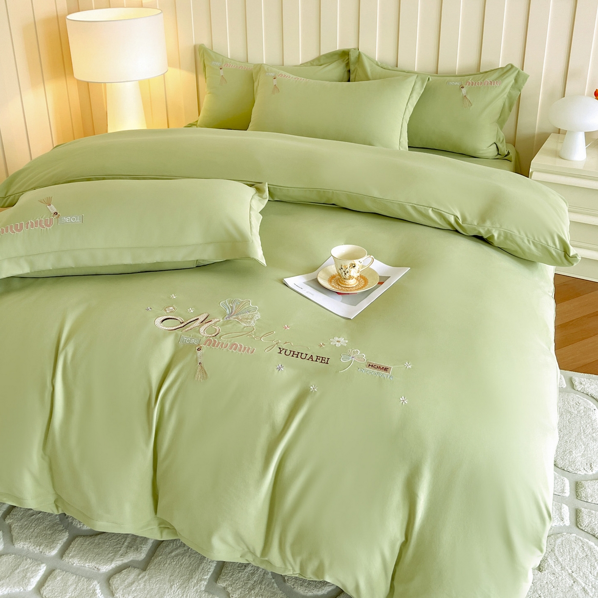 91家纺网 家纺一手货源 找家纺 文黛家居 2025新款高克重水洗棉绣花四件套-梦恋 梦恋-果绿