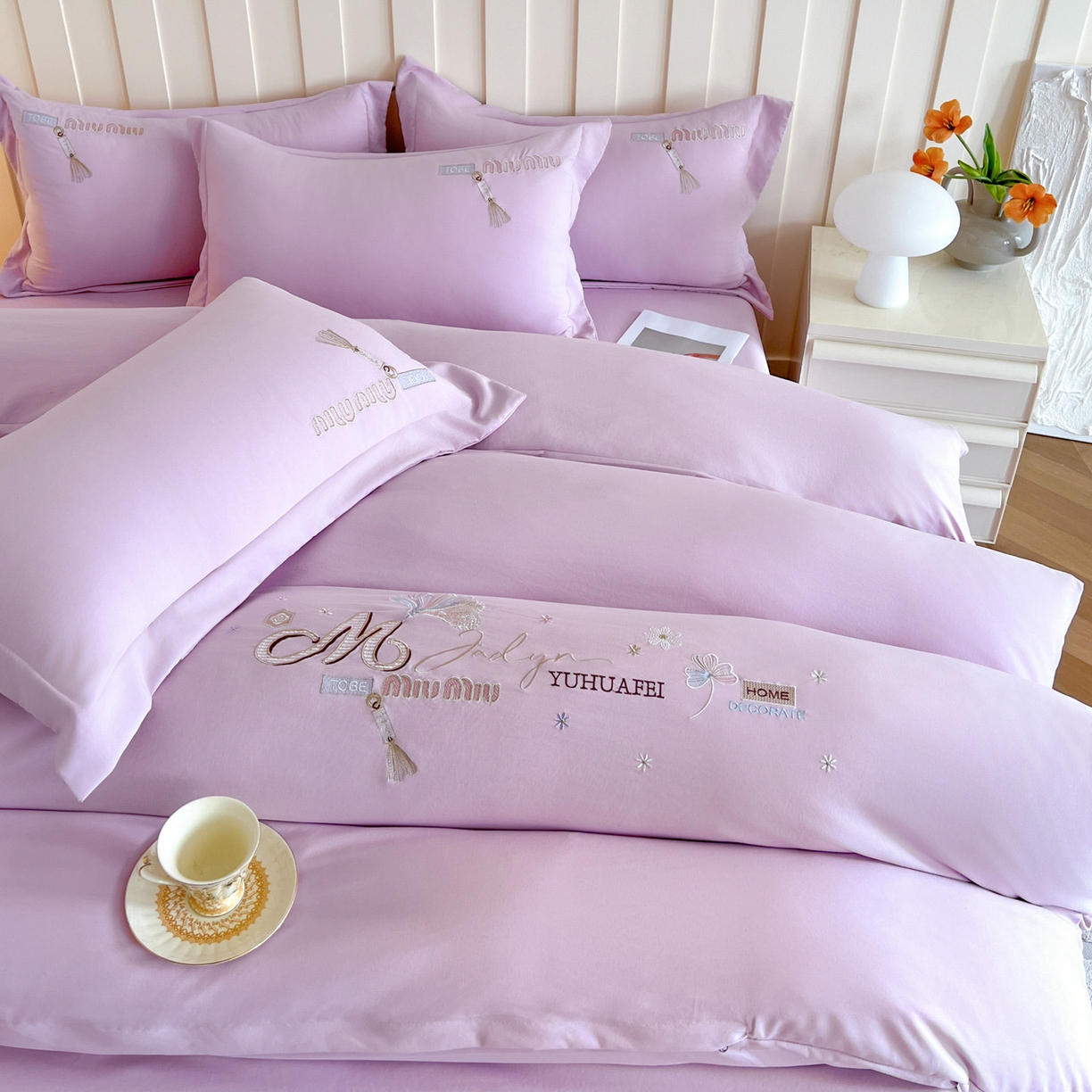 91家纺网 家纺一手货源 找家纺 文黛家居 2025新款高克重水洗棉绣花四件套-梦恋 梦恋-紫