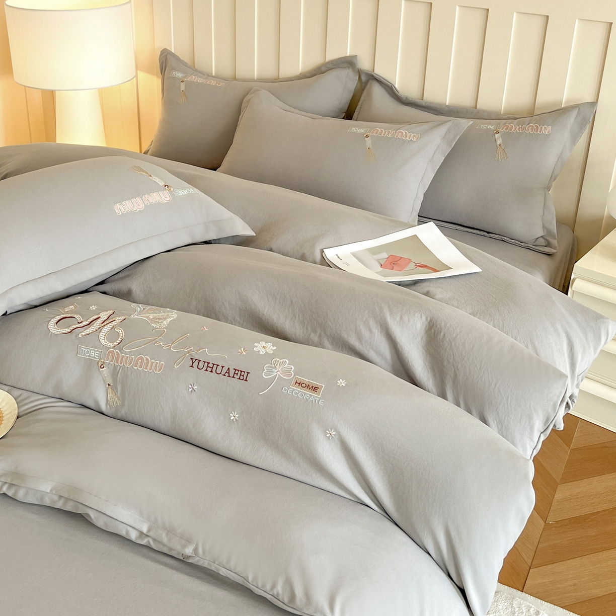 91家纺网 家纺一手货源 找家纺 文黛家居 2025新款高克重水洗棉绣花四件套-梦恋 梦恋-灰