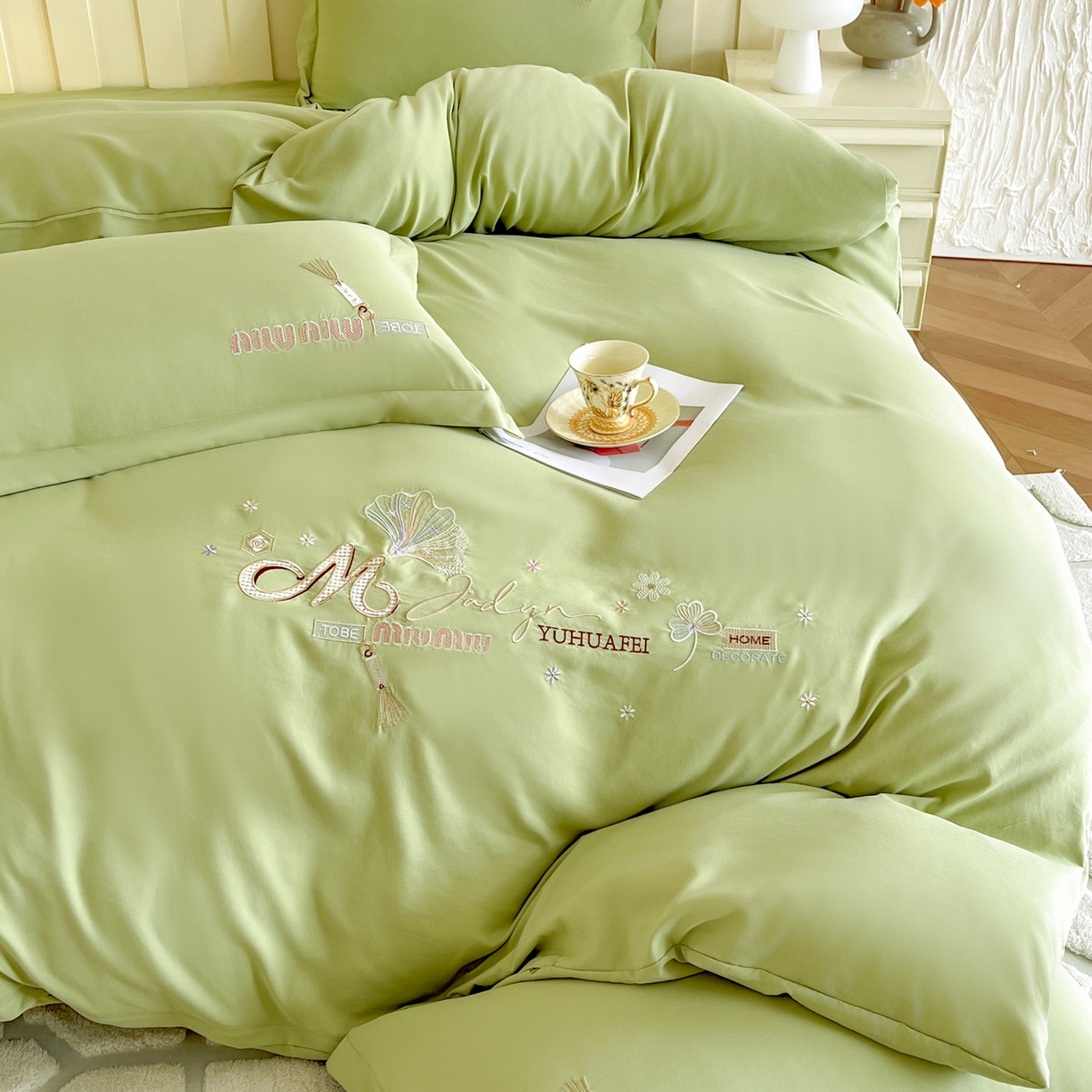 91家纺网 家纺一手货源 找家纺 文黛家居 2025新款高克重水洗棉绣花四件套-梦恋 梦恋-果绿