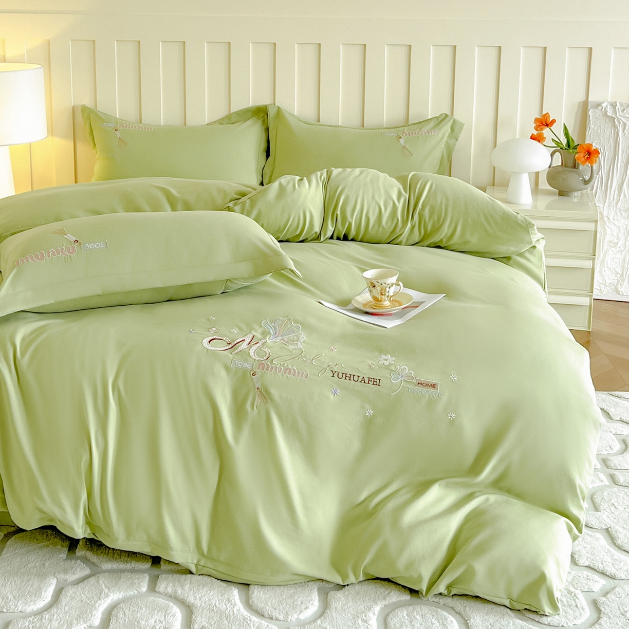 91家纺网 家纺一手货源 找家纺 文黛家居 2025新款高克重水洗棉绣花四件套-梦恋 梦恋-果绿