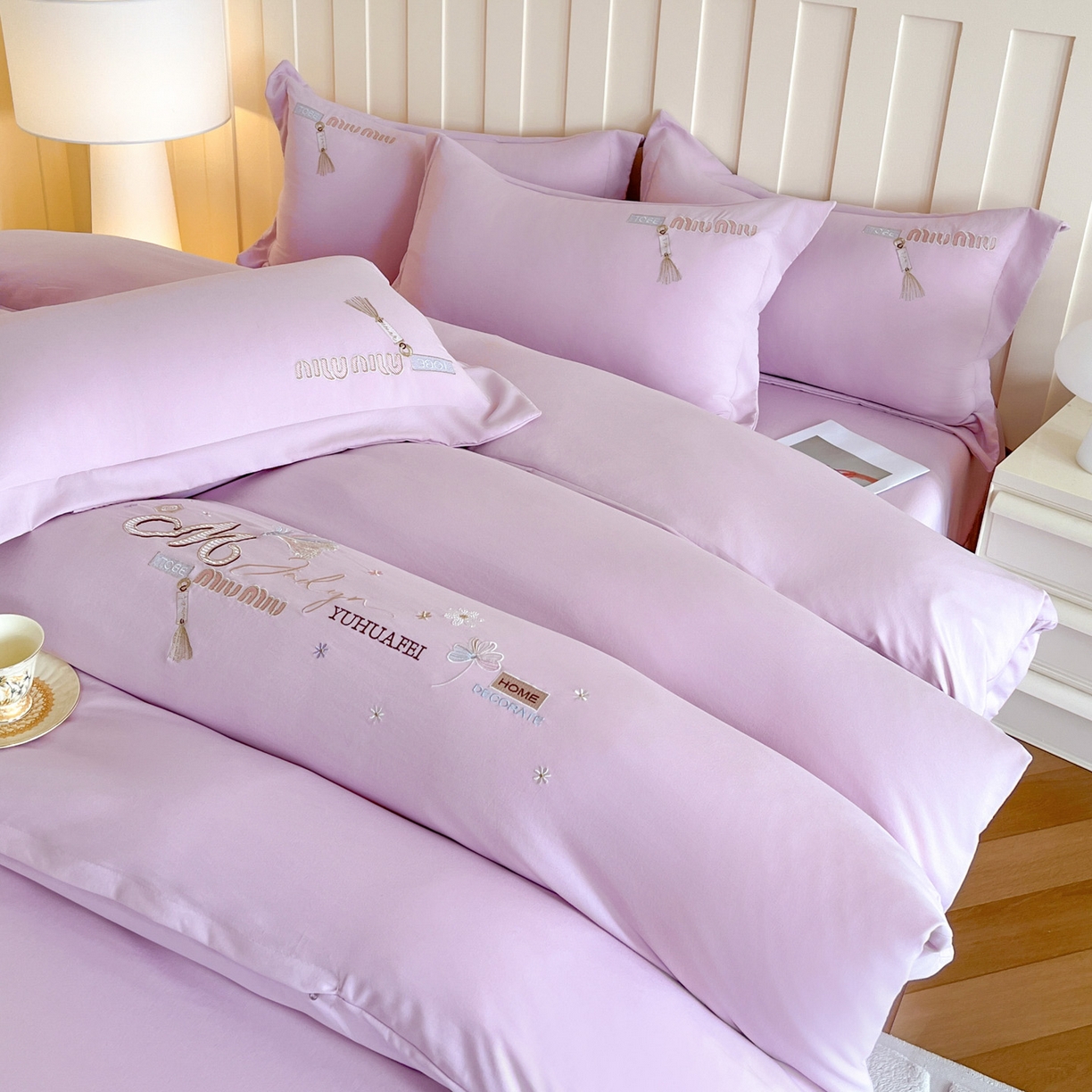 91家纺网 家纺一手货源 找家纺 文黛家居 2025新款高克重水洗棉绣花四件套-梦恋 梦恋-紫