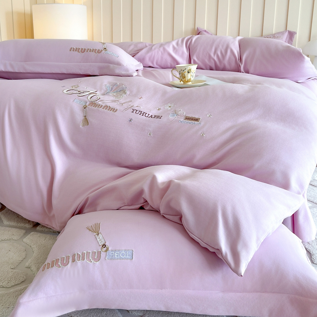 91家纺网 家纺一手货源 找家纺 文黛家居 2025新款高克重水洗棉绣花四件套-梦恋 梦恋-紫