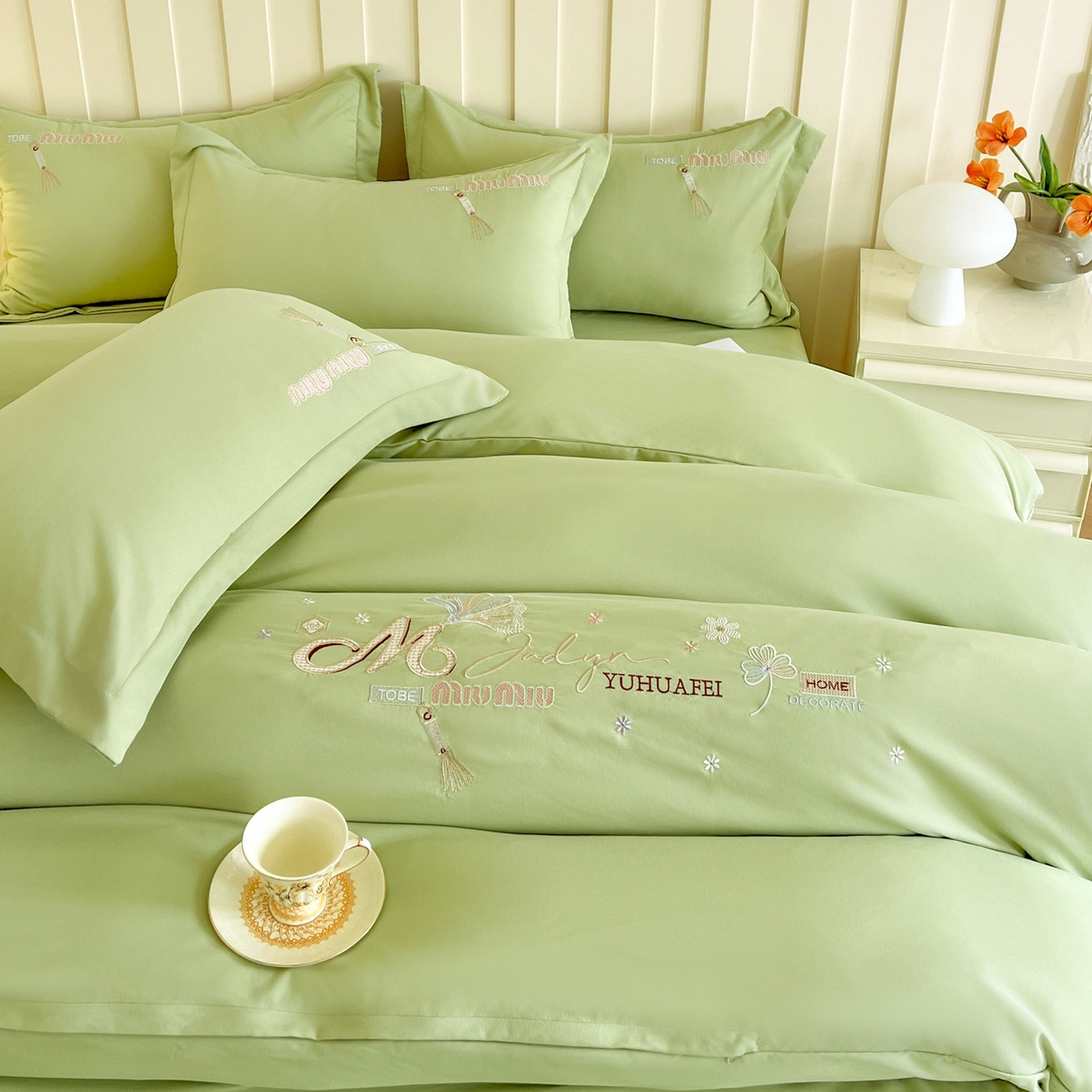 91家纺网 家纺一手货源 找家纺 文黛家居 2025新款高克重水洗棉绣花四件套-梦恋 梦恋-果绿
