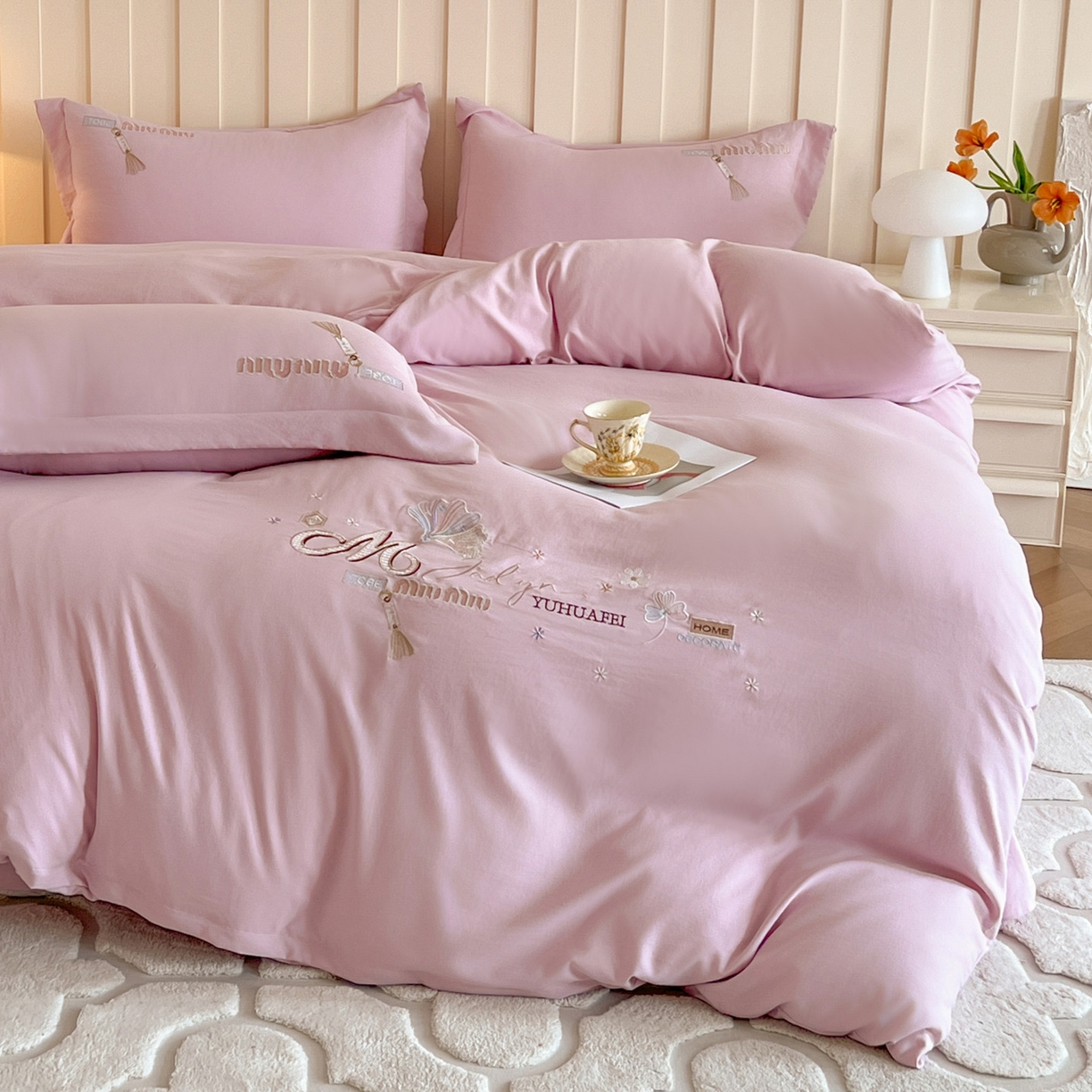 91家纺网 家纺一手货源 找家纺 文黛家居 2025新款高克重水洗棉绣花四件套-梦恋 梦恋-粉