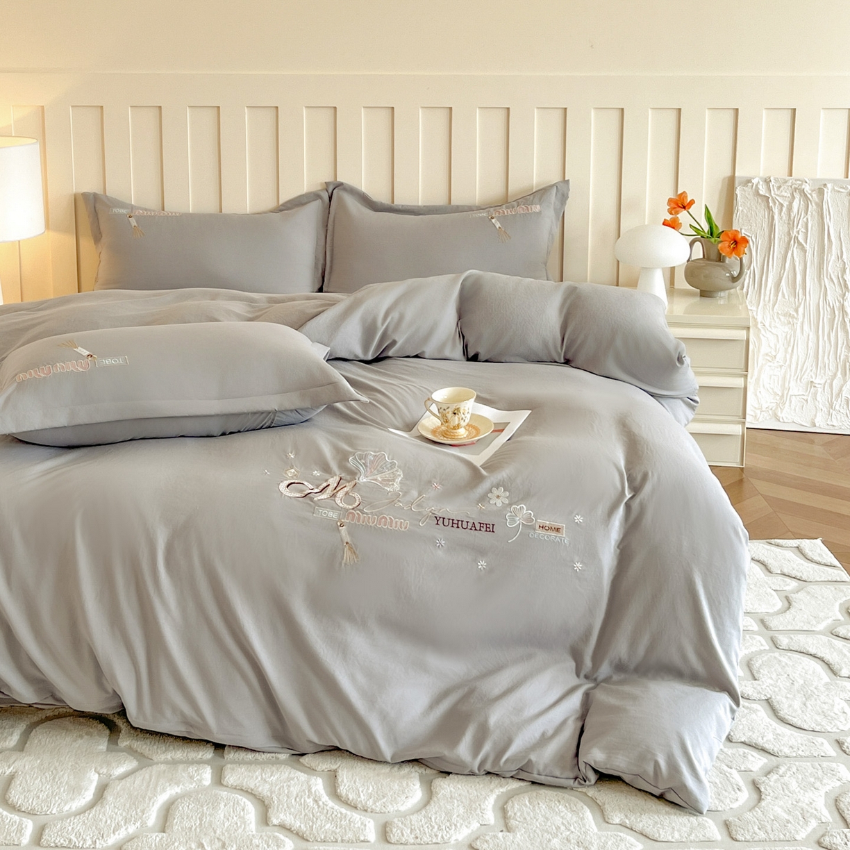 91家纺网 家纺一手货源 找家纺 文黛家居 2025新款高克重水洗棉绣花四件套-梦恋 梦恋-灰