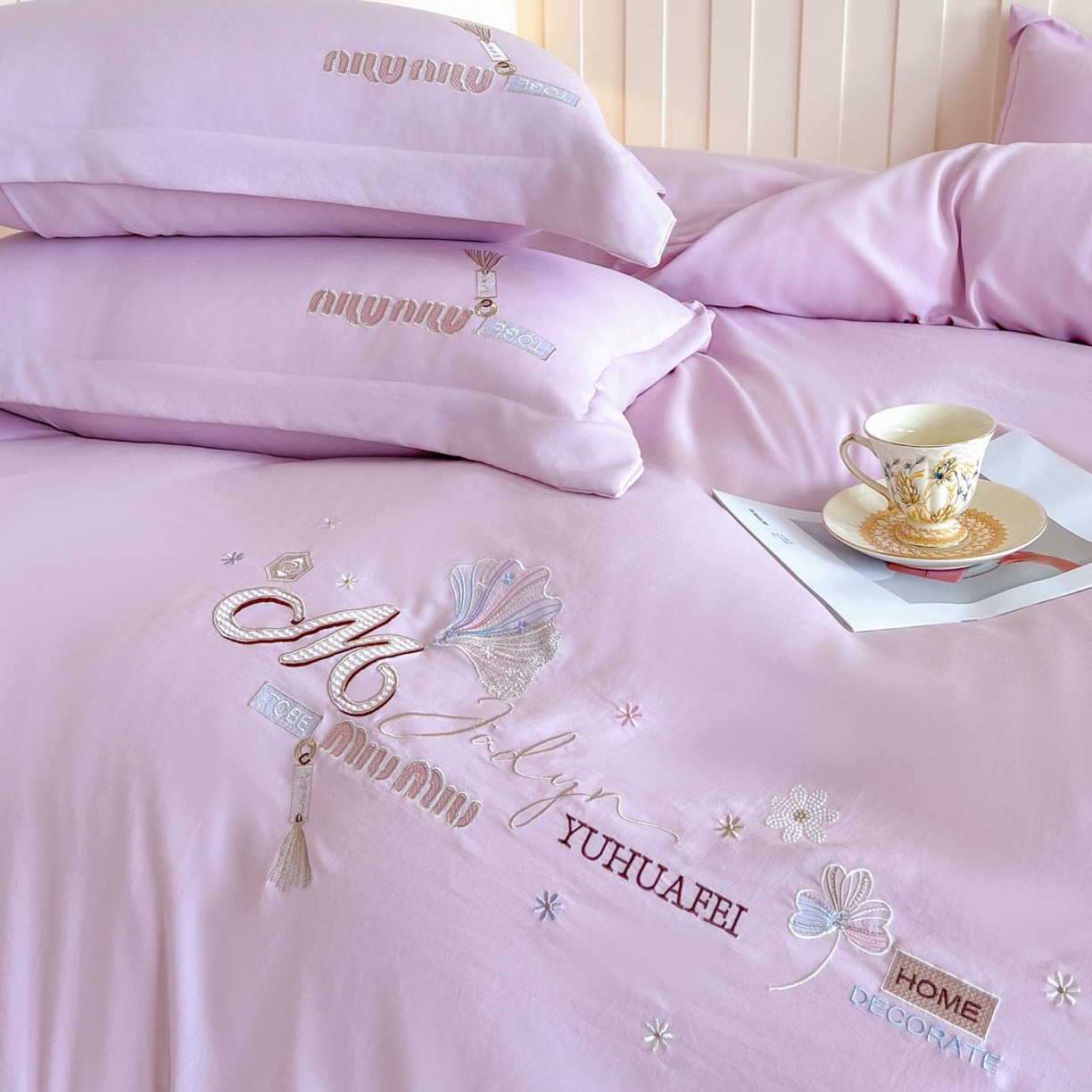 91家纺网 家纺一手货源 找家纺 文黛家居 2025新款高克重水洗棉绣花四件套-梦恋 梦恋-紫