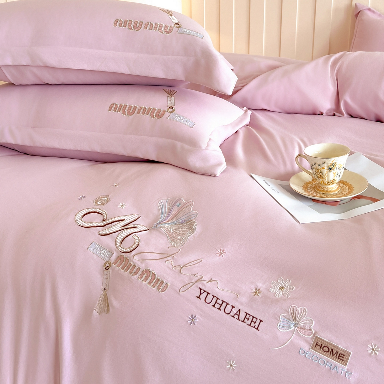 91家纺网 家纺一手货源 找家纺 文黛家居 2025新款高克重水洗棉绣花四件套-梦恋 梦恋-粉