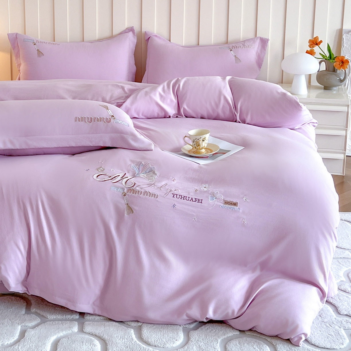 91家纺网 家纺一手货源 找家纺 文黛家居 2025新款高克重水洗棉绣花四件套-梦恋 梦恋-紫