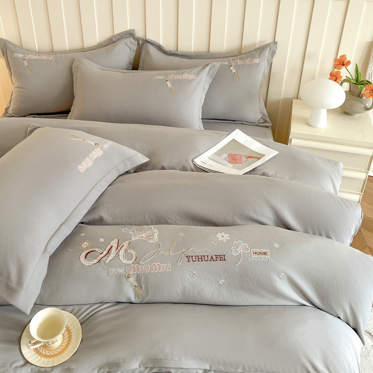 91家纺网 家纺一手货源 找家纺 文黛家居 2025新款高克重水洗棉绣花四件套-梦恋 梦恋-灰