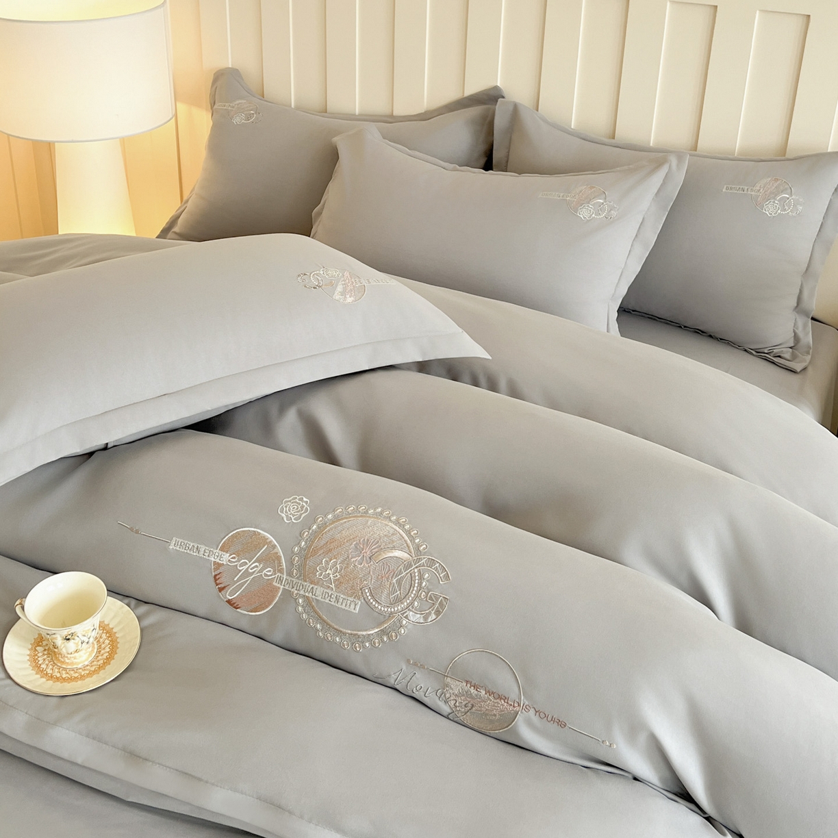 文黛家居 2025新款高克重水洗棉绣花四件套-奢侈生活 奢侈生活-灰