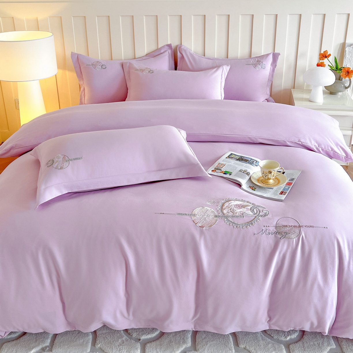 91家纺网 家纺一手货源 找家纺 文黛家居 2025新款高克重水洗棉绣花四件套-奢侈生活 奢侈生活-紫