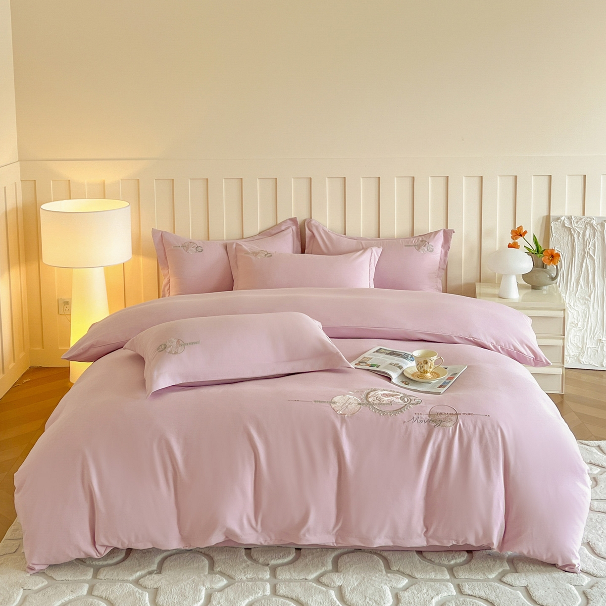 91家纺网 家纺一手货源 找家纺 文黛家居 2025新款高克重水洗棉绣花四件套-奢侈生活 奢侈生活-粉