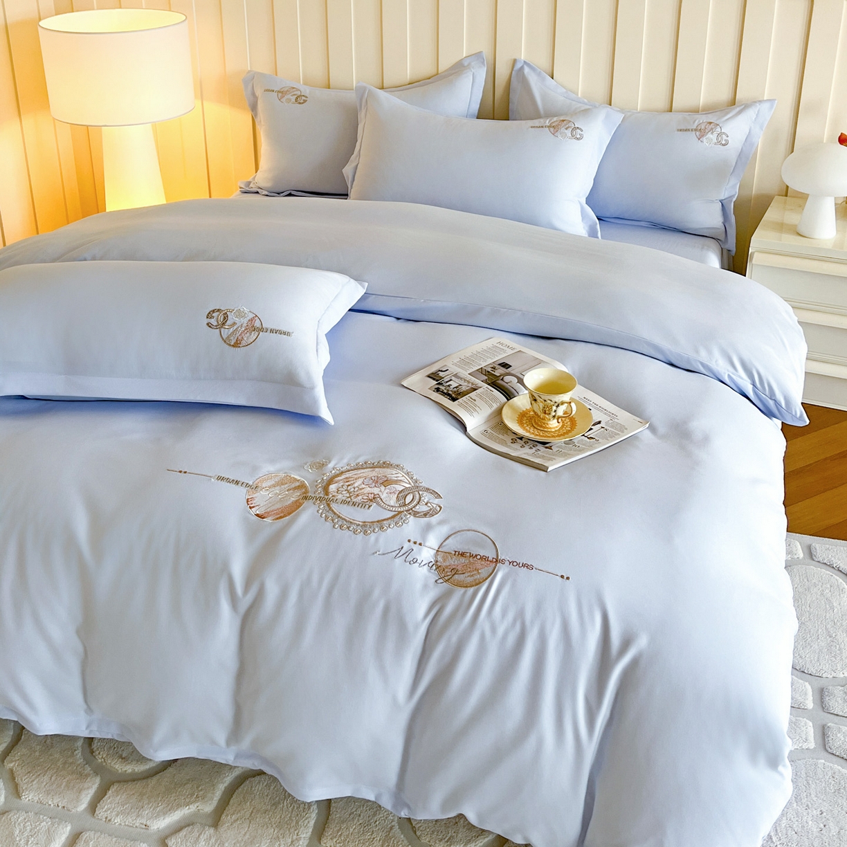 91家纺网 家纺一手货源 找家纺 文黛家居 2025新款高克重水洗棉绣花四件套-奢侈生活 奢侈生活-浅蓝