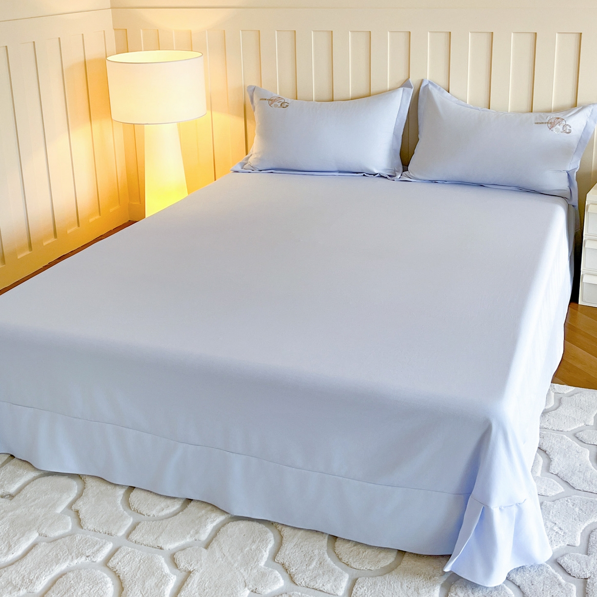 91家纺网 家纺一手货源 找家纺 文黛家居 2025新款高克重水洗棉绣花四件套-奢侈生活 奢侈生活-浅蓝