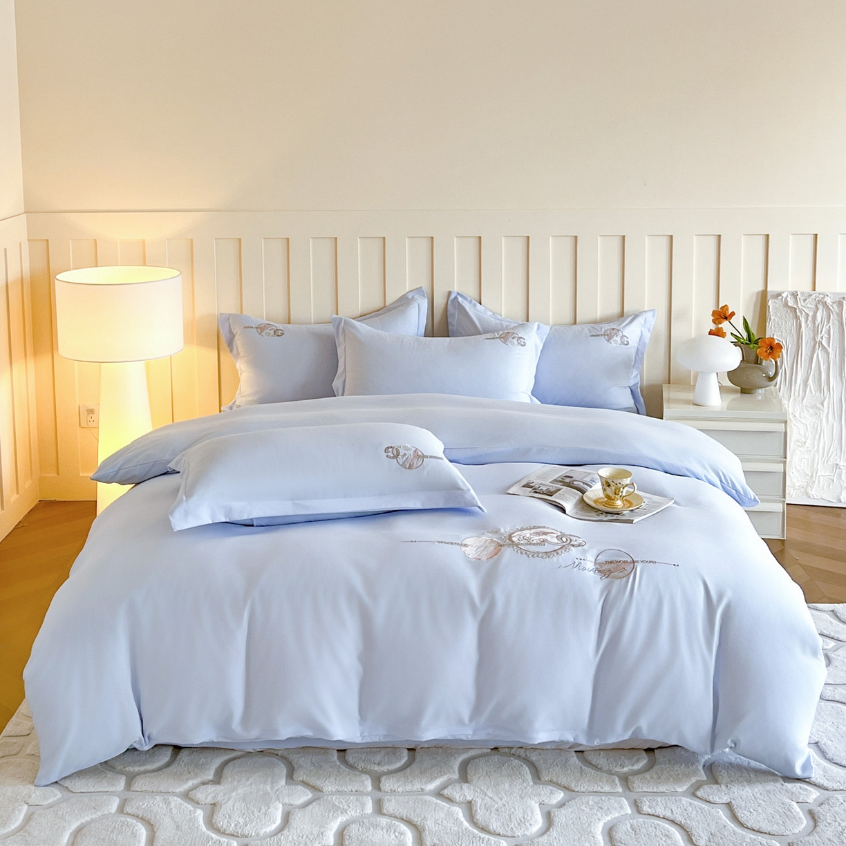 91家纺网 家纺一手货源 找家纺 文黛家居 2025新款高克重水洗棉绣花四件套-奢侈生活 奢侈生活-浅蓝
