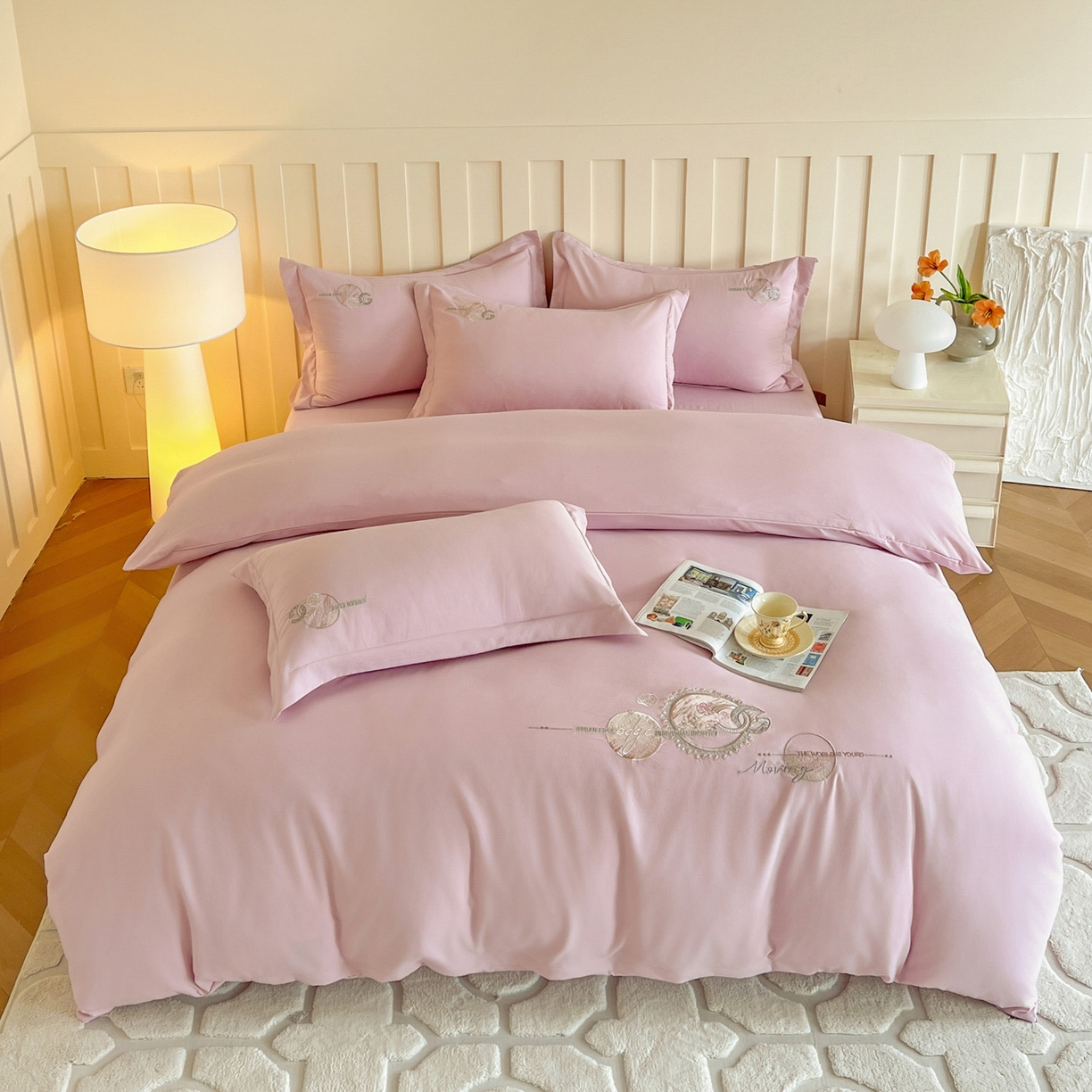 91家纺网 家纺一手货源 找家纺 文黛家居 2025新款高克重水洗棉绣花四件套-奢侈生活 奢侈生活-粉