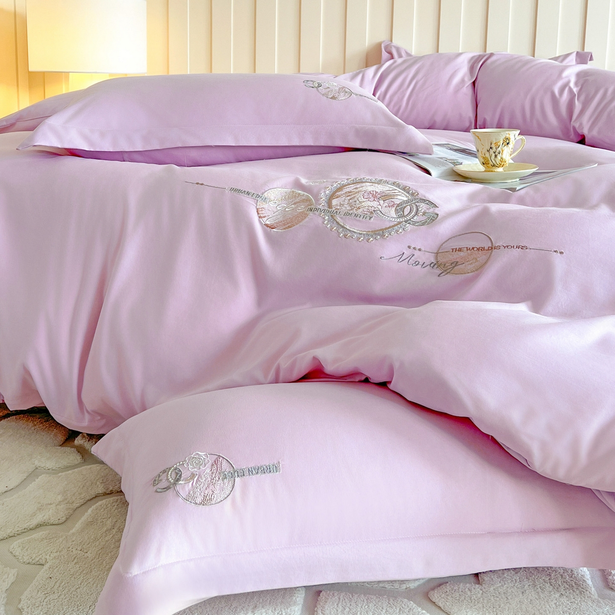 91家纺网 家纺一手货源 找家纺 文黛家居 2025新款高克重水洗棉绣花四件套-奢侈生活 奢侈生活-紫