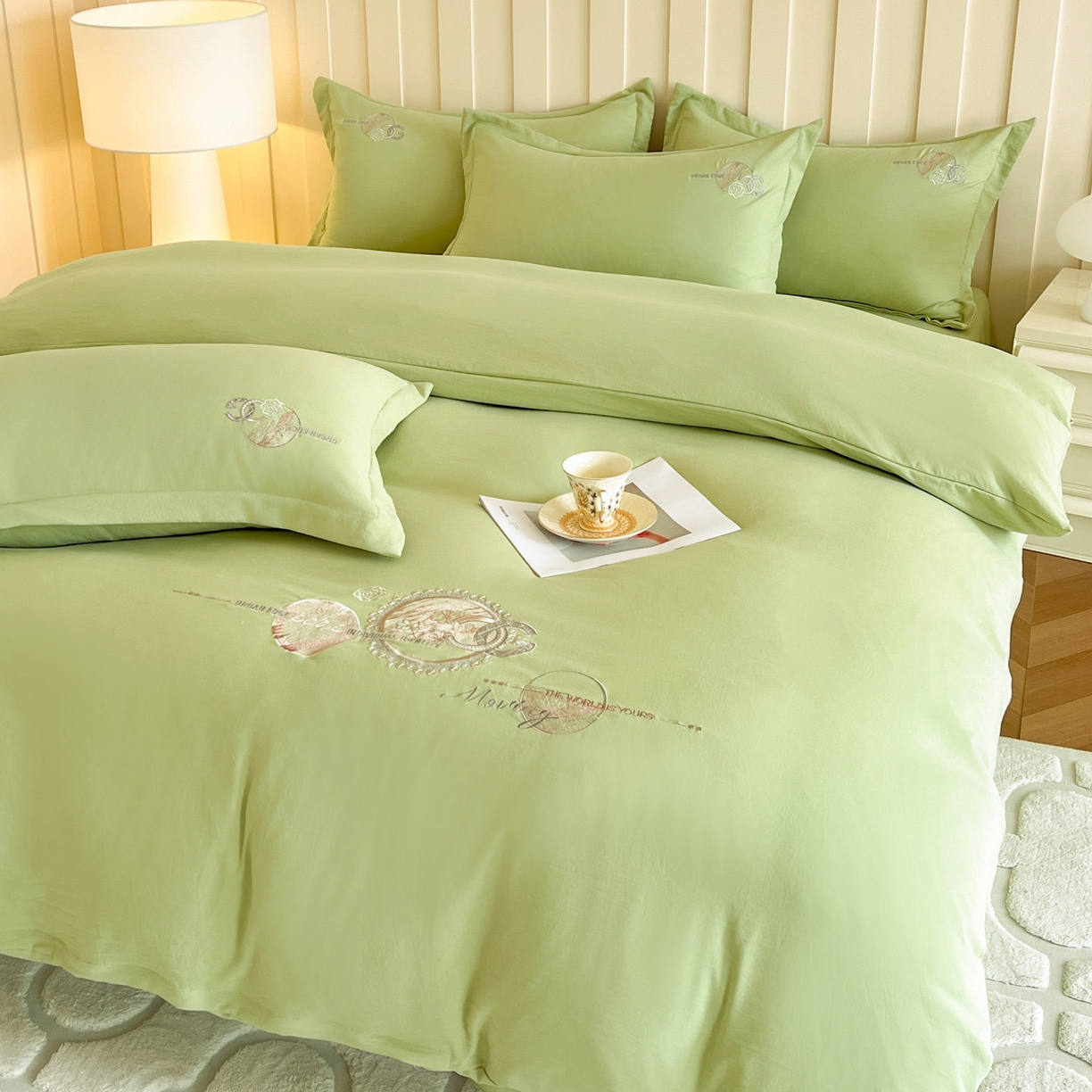 91家纺网 家纺一手货源 找家纺 文黛家居 2025新款高克重水洗棉绣花四件套-奢侈生活 奢侈生活-果绿