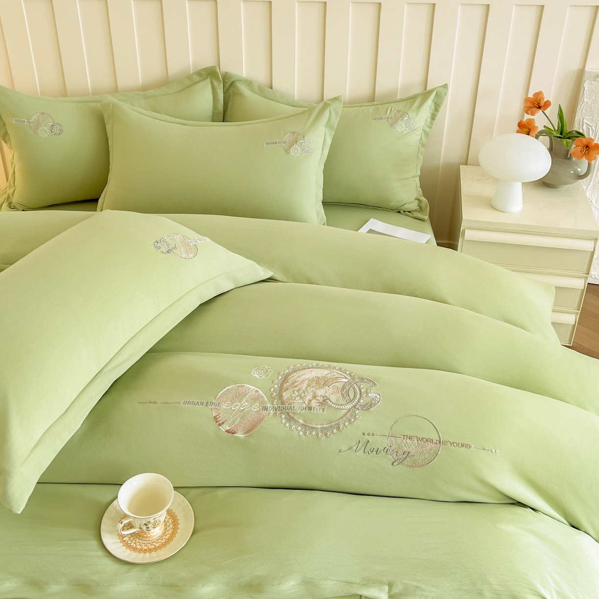 91家纺网 家纺一手货源 找家纺 文黛家居 2025新款高克重水洗棉绣花四件套-奢侈生活 奢侈生活-果绿