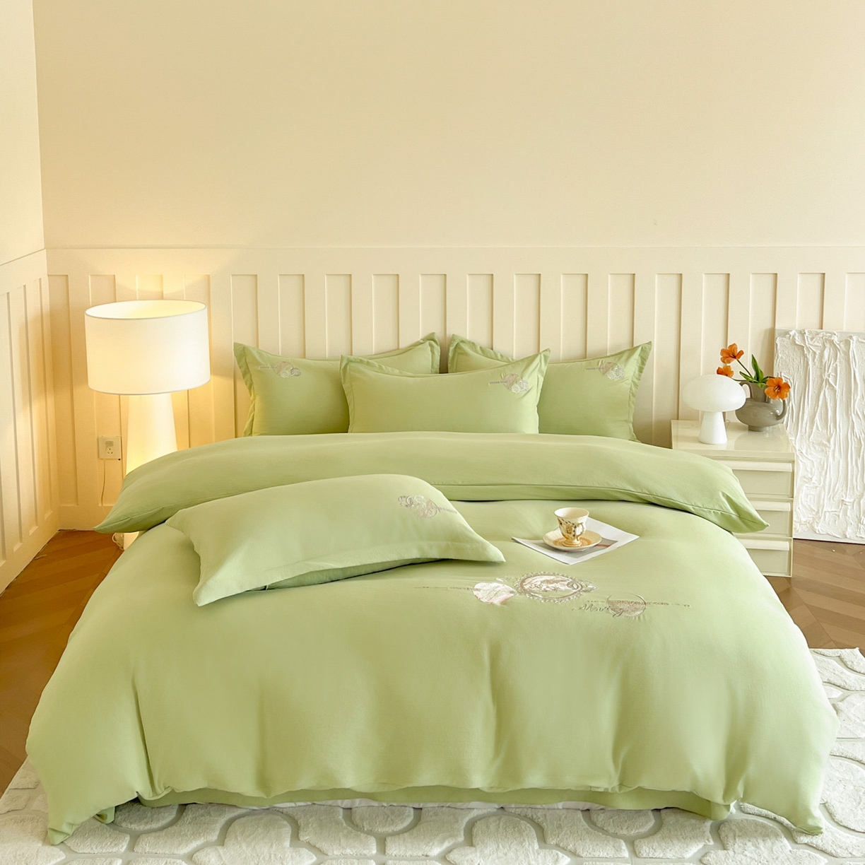 91家纺网 家纺一手货源 找家纺 文黛家居 2025新款高克重水洗棉绣花四件套-奢侈生活 奢侈生活-果绿