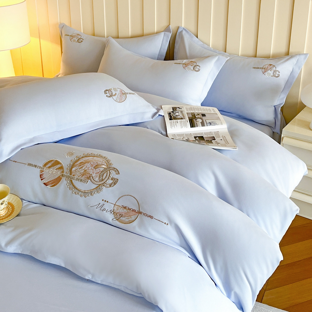 91家纺网 家纺一手货源 找家纺 文黛家居 2025新款高克重水洗棉绣花四件套-奢侈生活 奢侈生活-浅蓝