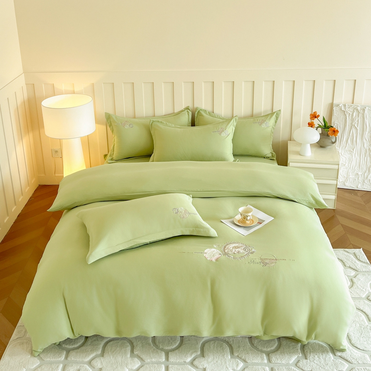 91家纺网 家纺一手货源 找家纺 文黛家居 2025新款高克重水洗棉绣花四件套-奢侈生活 奢侈生活-果绿