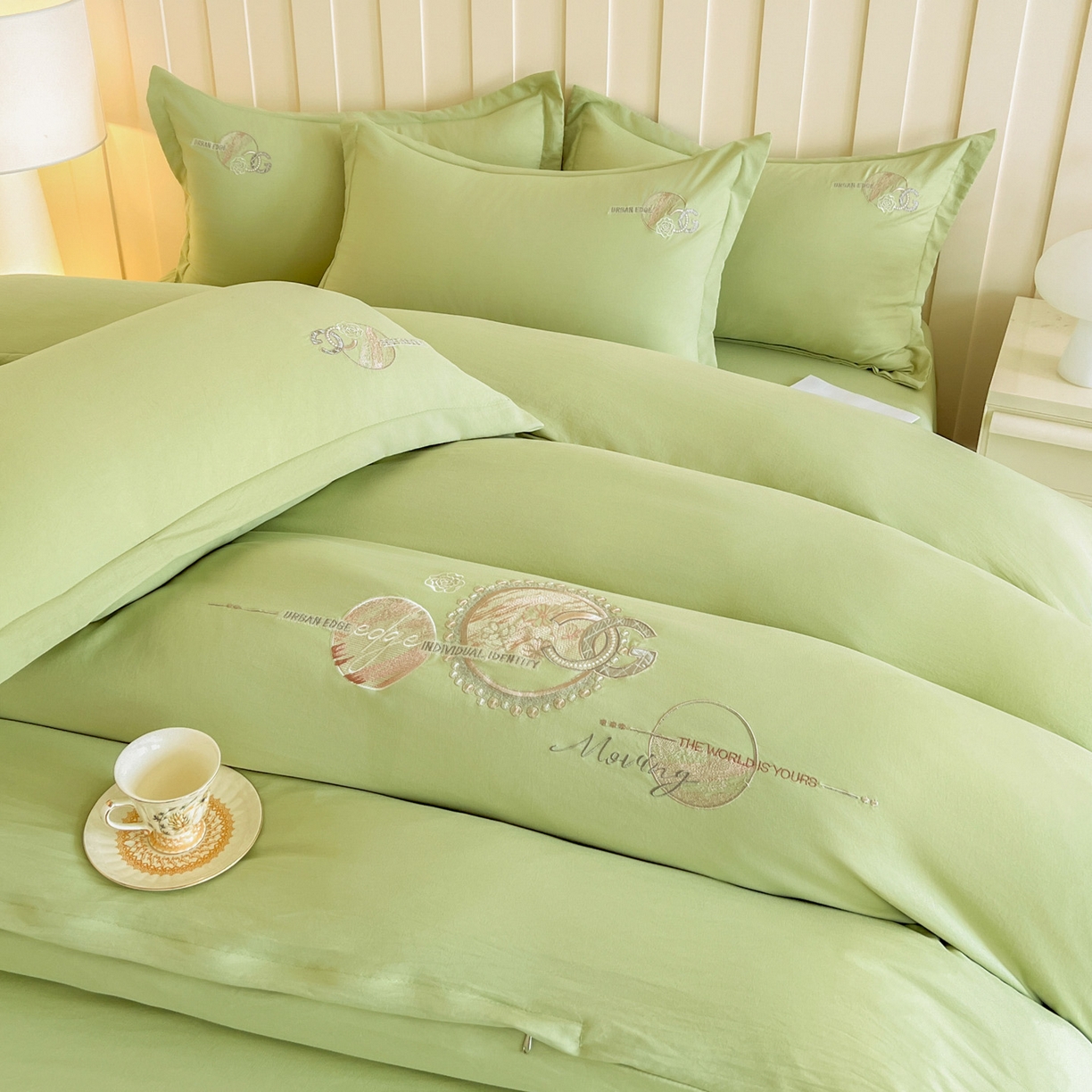 文黛家居 2025新款高克重水洗棉绣花四件套-奢侈生活 奢侈生活-果绿